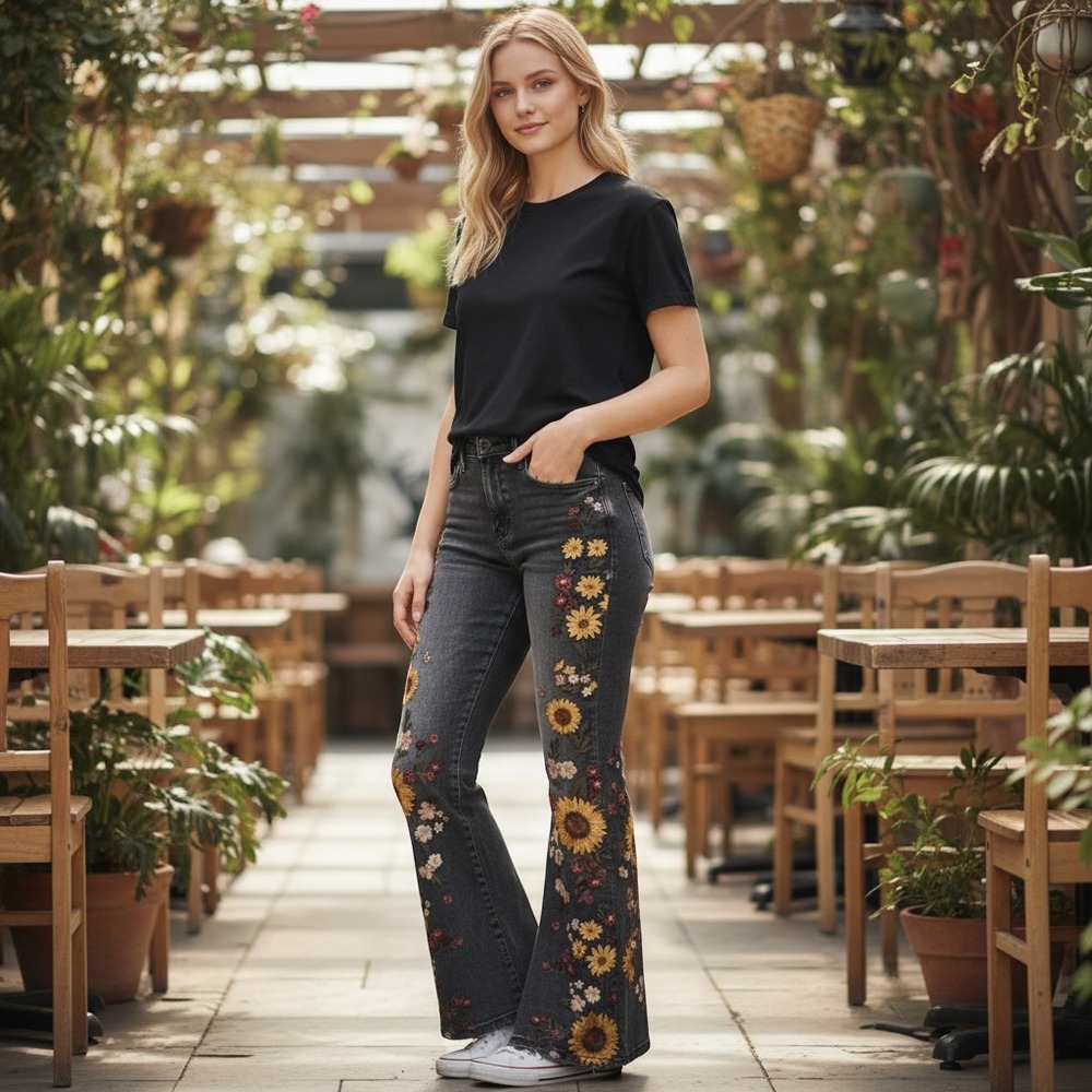 Driftwood Jeans Womens 26 Blue Stretch Floral Embroidered Farrah High Rise Jeans